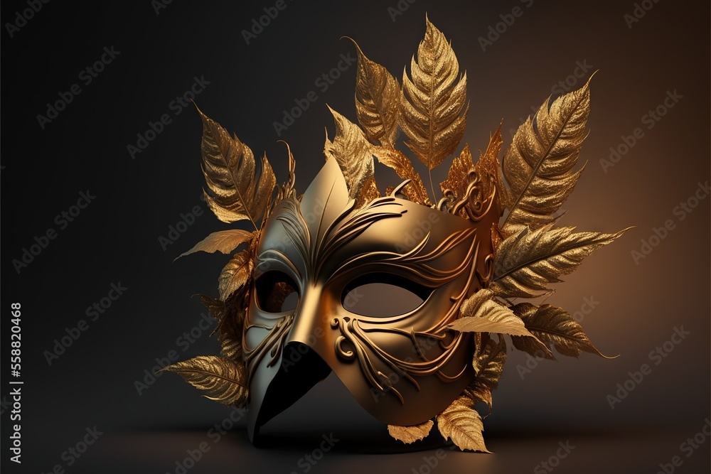 Poster a gold mask with leaves on it on a black background with a black background and a brown background w