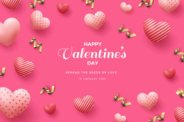 Fototapeta na wymiar Valentine's day greeting, vector illustration of realistic 3d golden balloons and ribbons.