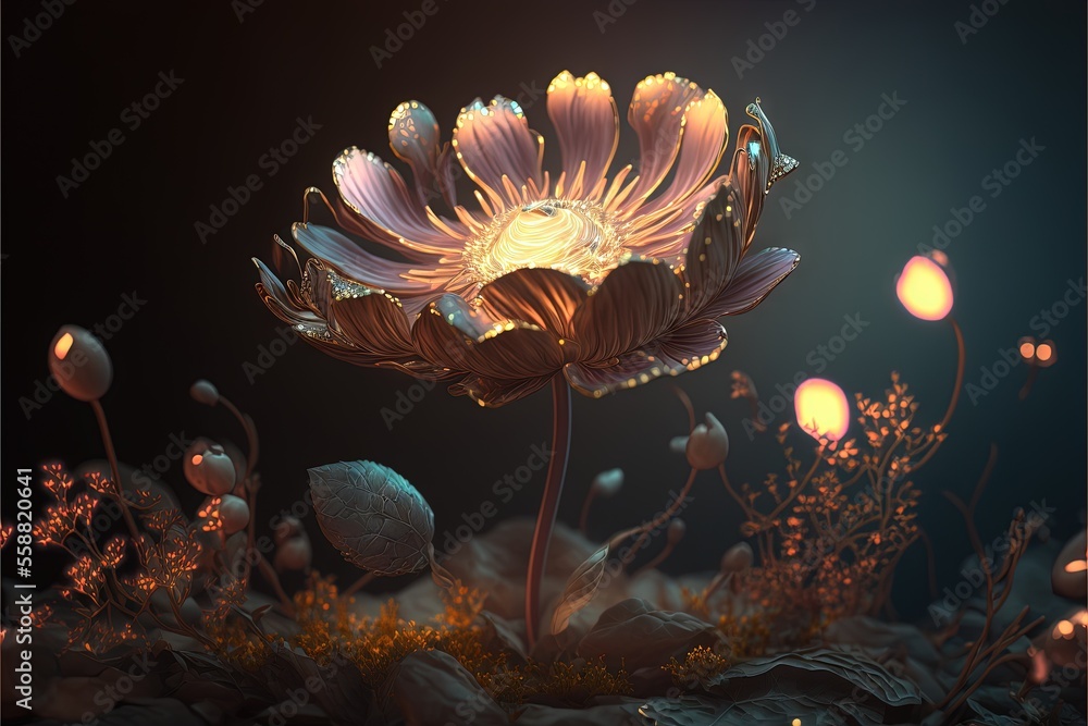 Poster a flower with a lot of petals on it in the dark night time with a light shining on it and a few smal