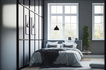Scandinavian Urban Contemporary Modern Bedroom Interior Design. Create a mock gray and white wall. Generative AI