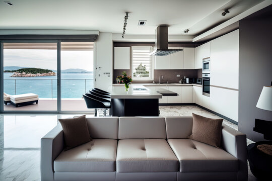 modern living room furnished with high end pieces. Light cushioned sofa with a balcony outlook. Behind the island equipped modern kitchen. nobody within. Generative AI