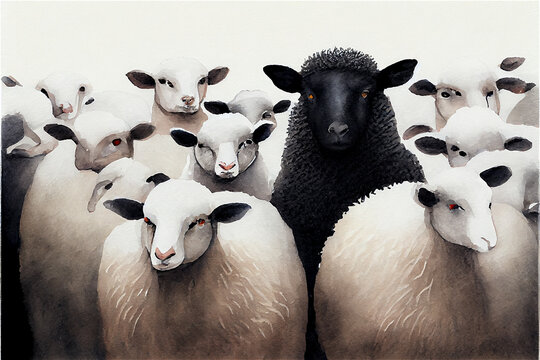 A herd of white sheep with a black one in the middle, generative AI