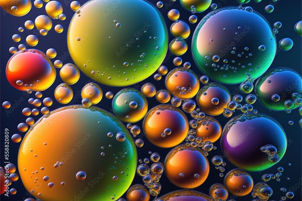 Poster a bunch of bubbles that are on a blue surface with a black background and a blue sky in the backgrou