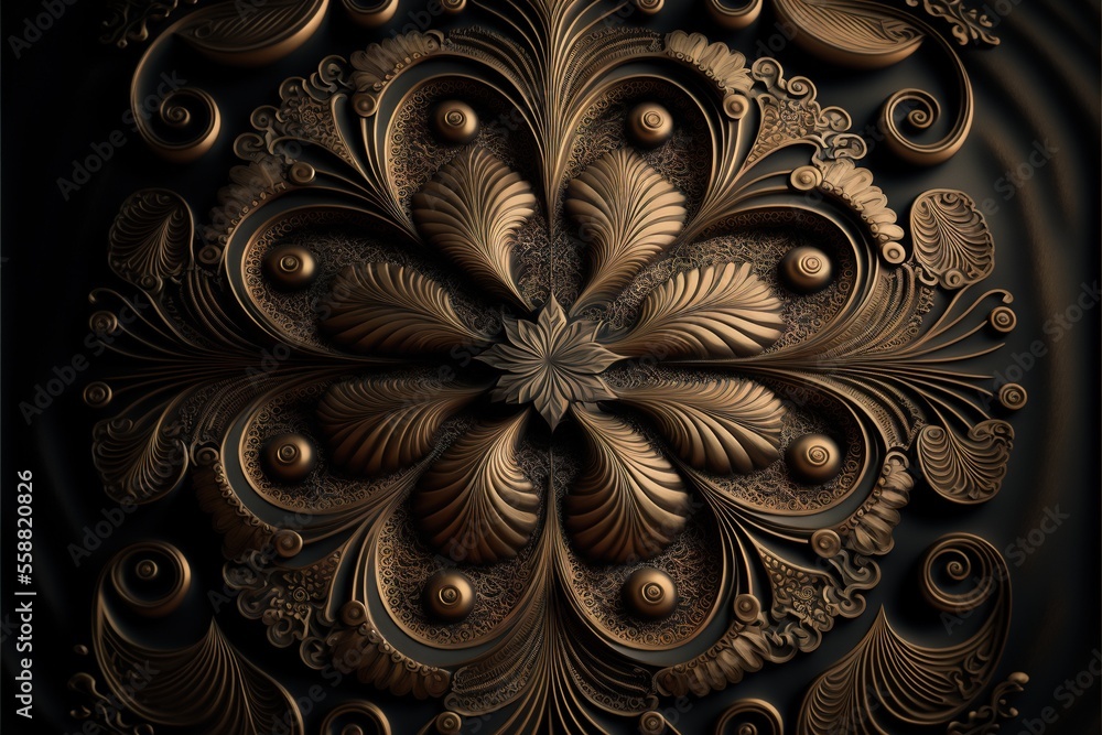 Poster a computer generated image of a flower in gold and black colors with swirls and bubbles on a black b