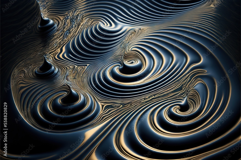 Poster a computer generated image of a spiral design in gold and black colors with a black background and a