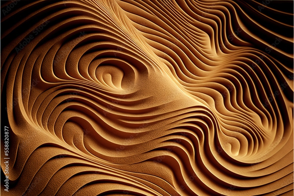 Poster a computer generated image of a wavy pattern of sand dunes and waves in brown and black colors, with