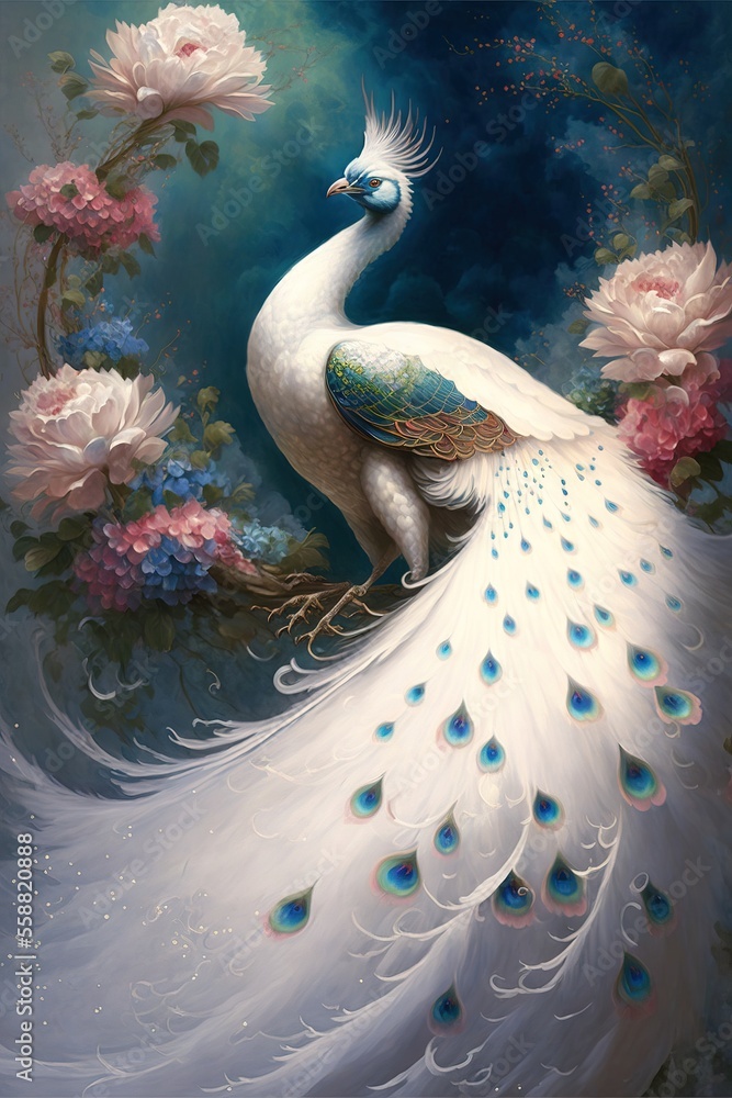 Poster a painting of a peacock with flowers in the background and a dark sky in the background with clouds 