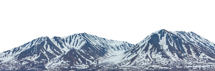 Mountains winter landscape scene. Panorama of mountains covered by ice, snow and rocks. Denali National Park, Alaska, US. PNG transparent image.