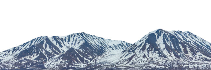 Mountains winter landscape scene. Panorama of mountains covered by ice, snow and rocks. Denali National Park, Alaska, US. PNG transparent image.