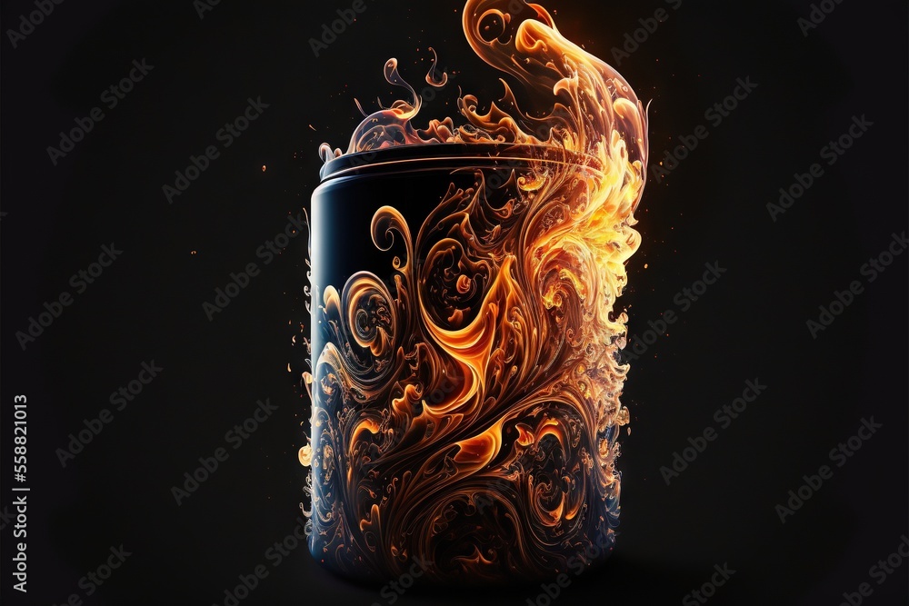 Poster a fire can with a black background and a black background with a black background and a yellow and o