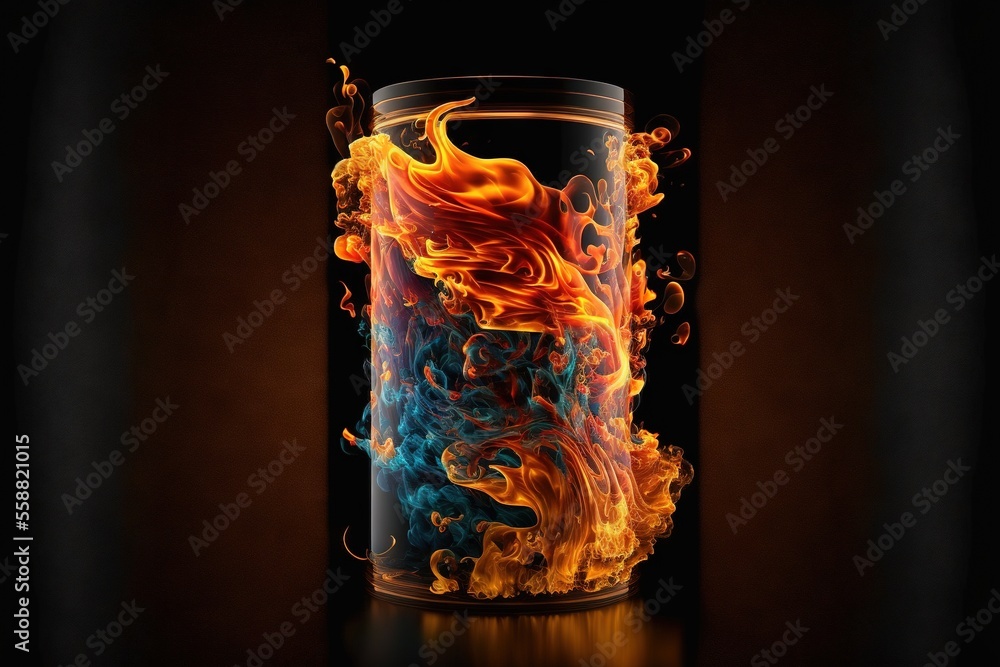 Poster a glass with fire and water inside of it on a table with a black background and a black background b