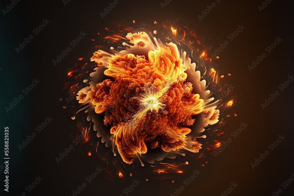Poster a computer generated image of a flower with fire and smoke swirling around it on a black background 