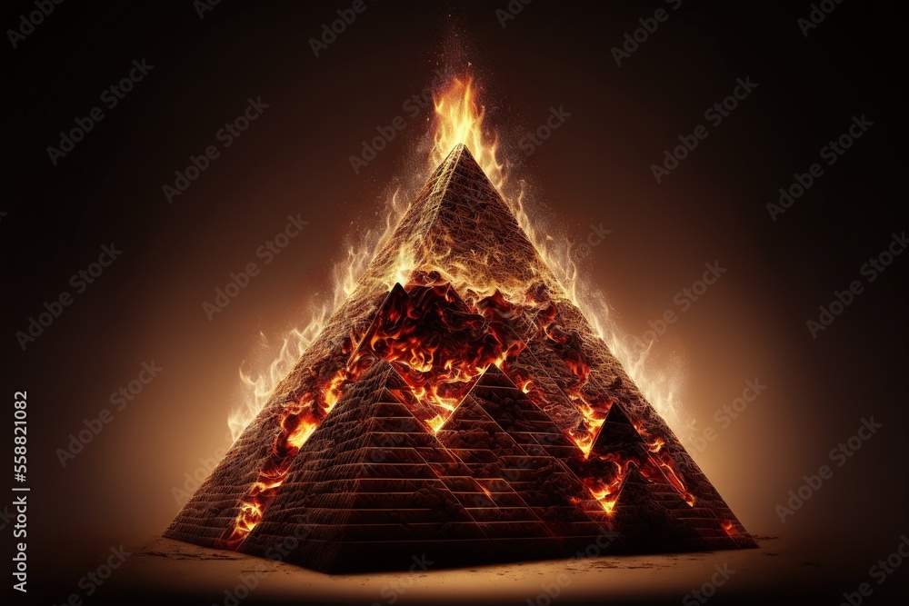 Aufkleber a pyramid with flames burning around it on a black background with a dark background and a red light