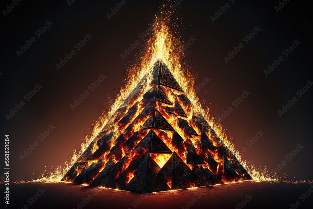 Poster a pyramid with flames rising from it on a black background with a red glow coming from the top of it
