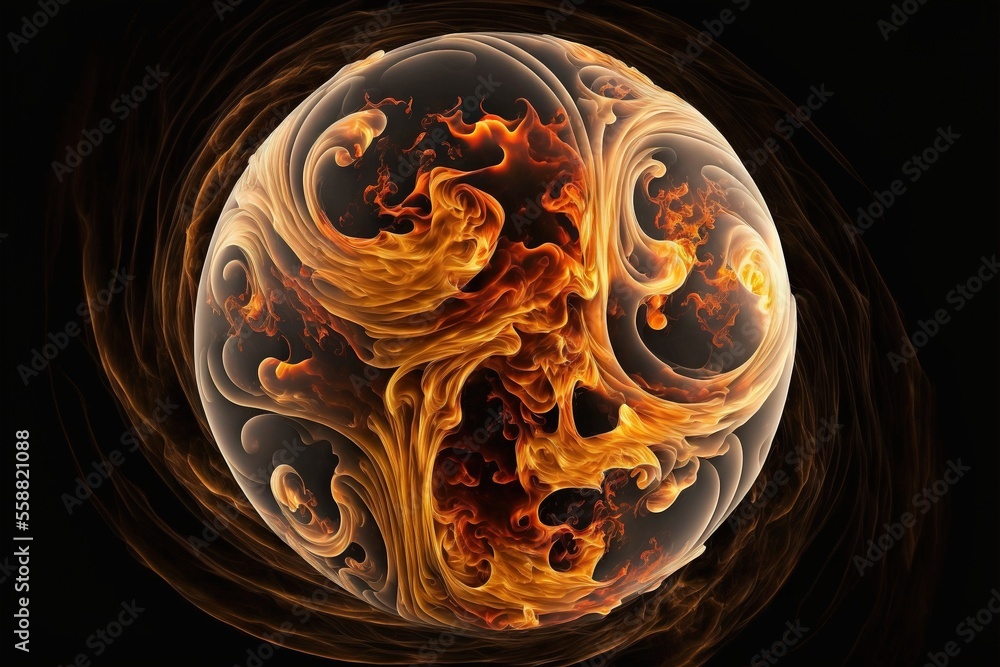 Poster  a ball of fire with a black background and a black background with a white circle with a yellow and red swirl on it and a black background with a black circl Generative AI