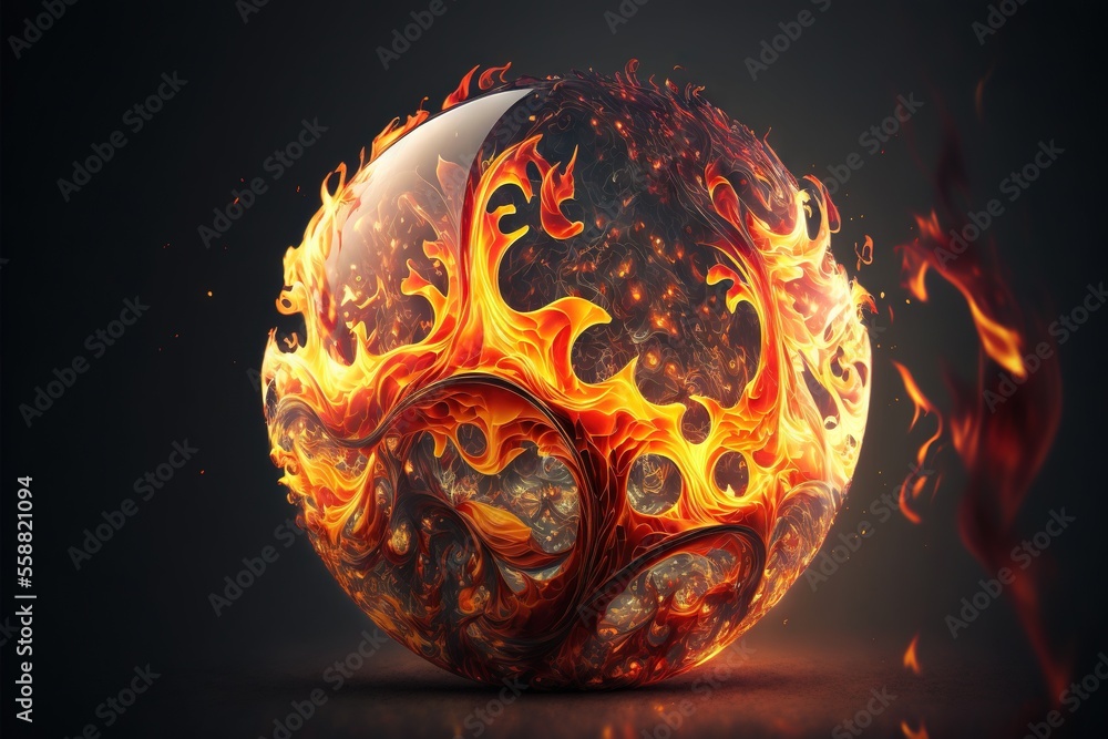 Poster a ball with fire and flames on a black background with a black background and a black background wit