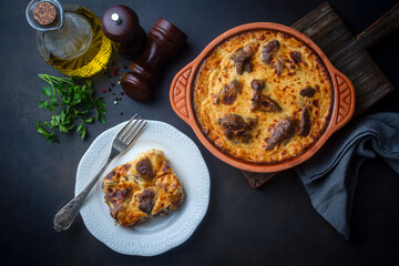 Tave kosi is a national Albanian dish of baked lamb and rice with yoghurt close-up in a pan on the table. horizontal top view from above. Turkish name; Elbasan tava