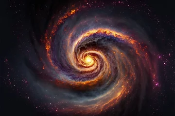 Poster  a spiral galaxy with a bright orange center and a black background with stars and dust in the center, and a bright orange center, blue, red, and purple, and white spiral,. generative ai © Oleg