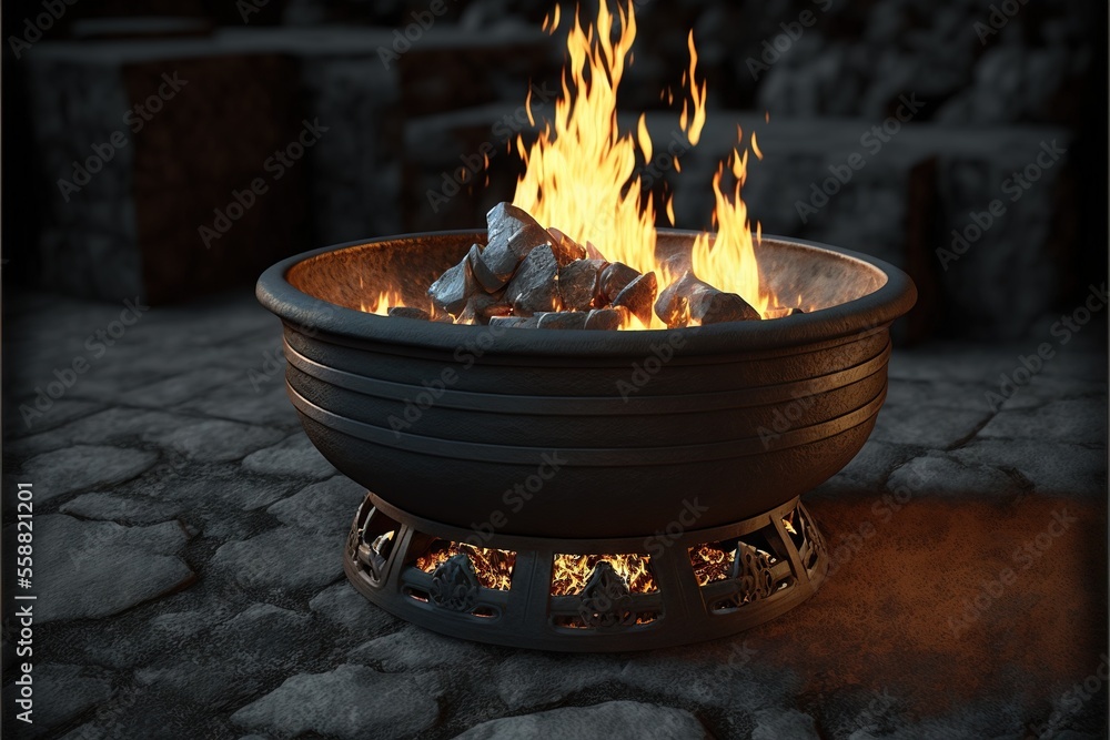 Poster a fire pit with rocks and flames burning in it's center and a stone floor in the background with a d
