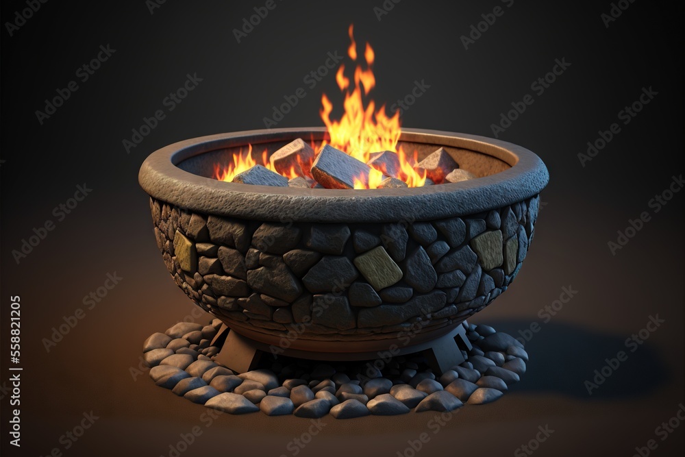 Aufkleber a stone bowl with fire burning inside of it on a black background with pebbles around it and a black