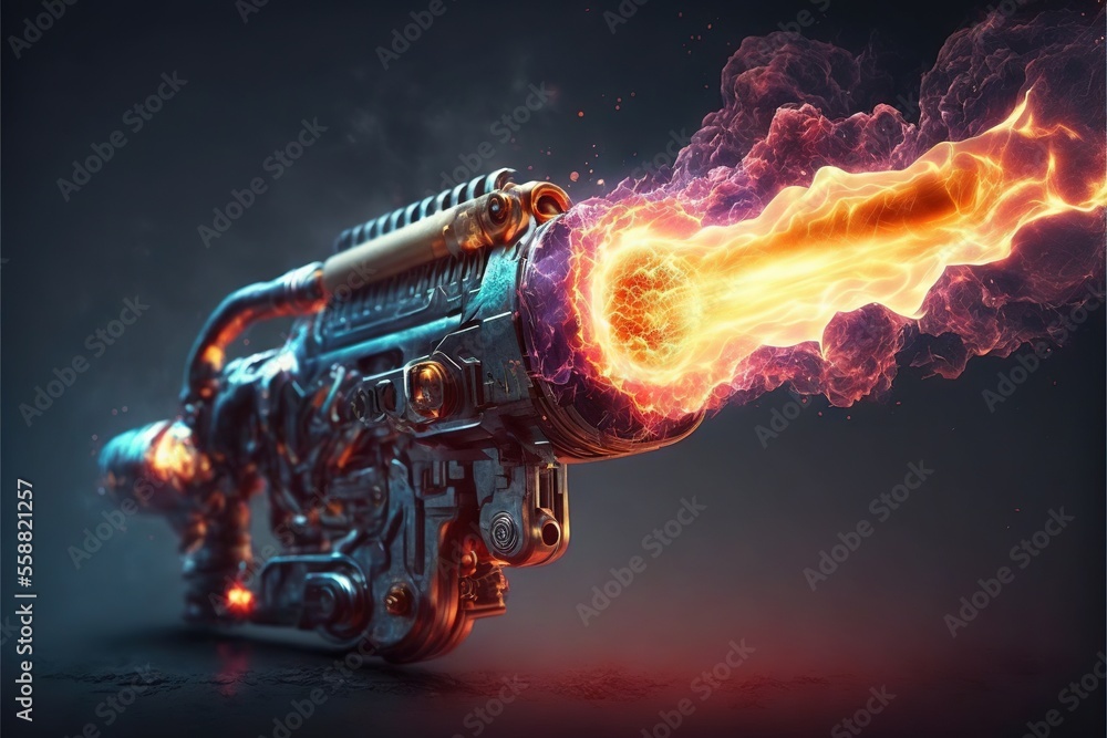 Poster a futuristic machine with a flame coming out of it's side and a black background with a red and yell