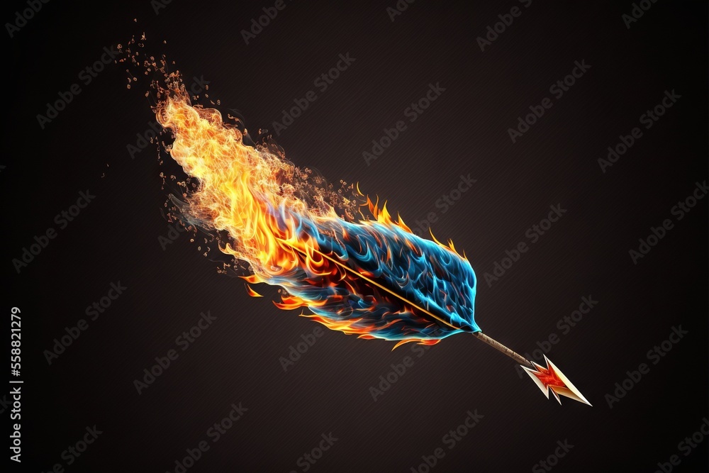 Poster a blue feather with a red arrow on fire on a black background with a black background and a red arro