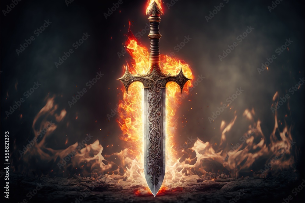 Aufkleber a sword with flames on it is in the middle of a dark background with a black background and a red fl