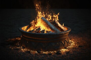 Fototapeta  a fire pit with flames burning in it on a dark surface with a black background and a black background with a white border around the fire pit and a few pieces of wood on the. obraz