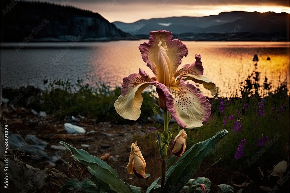 Poster a large flower is in front of a lake and mountains at sunset with a sunset in the background and a b