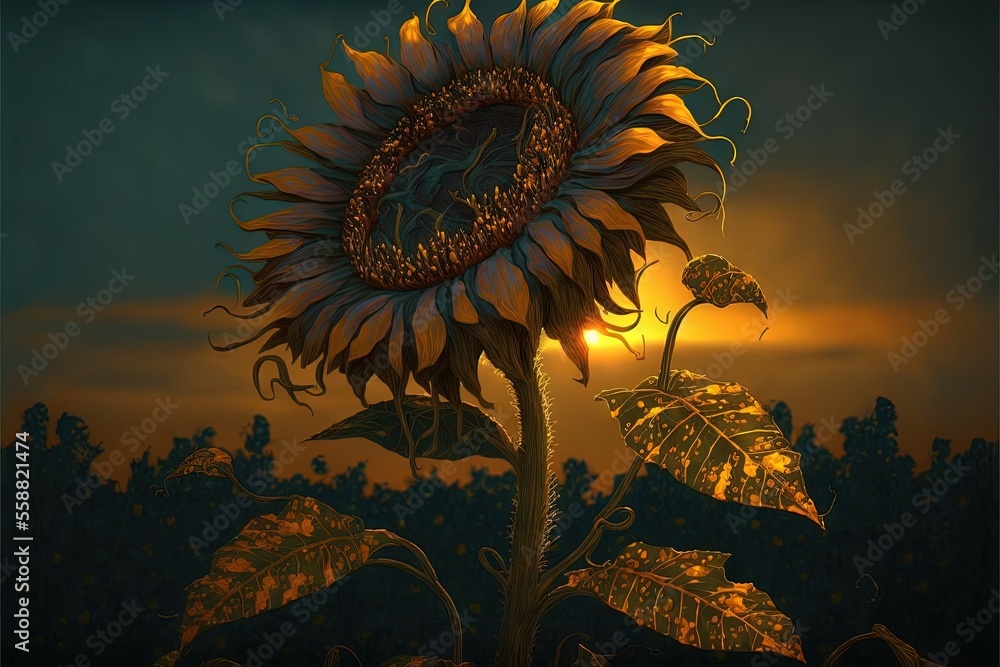 Poster a painting of a sunflower with the sun setting behind it and a dark sky with clouds and trees in the