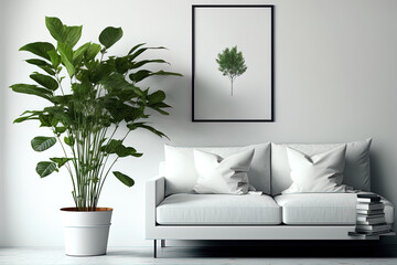 Modern living room background with white sofa and green plant in pot, blank poster frame mockup in Scandinavian style,. Generative AI