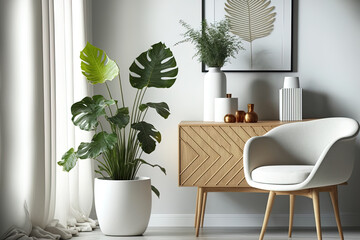 Fototapeta premium Modern Scandinavian interior design includes a wooden commode, a tropical leaf in a vase, literature, and trendy home accents. Template. Copy space blank walls. Generative AI