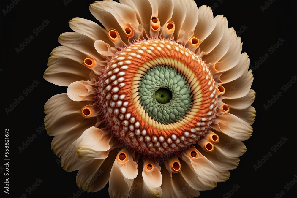 Poster a flower with a green center surrounded by orange and white petals and petals are arranged in a spir