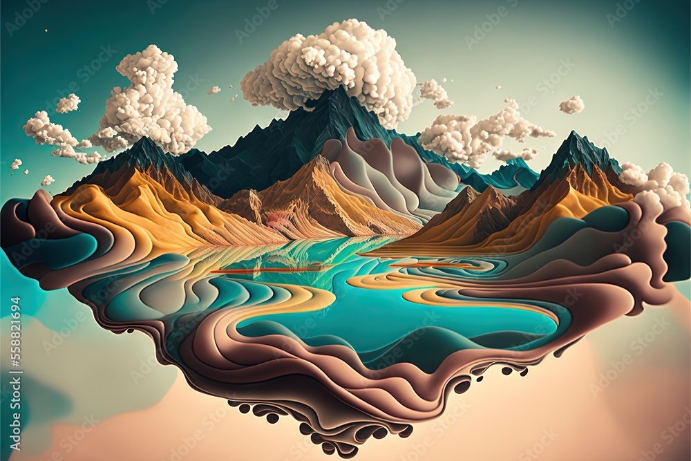 Aufkleber a surreal landscape with a mountain and a lake in the middle of it, with a sky background and clouds