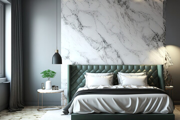 An example of a contemporary bedroom décor with a marble wall texture as the background. Generative AI