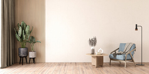 Living room design with empty wall mockup, wooden chairs on white wall