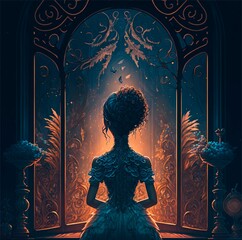 girl in a dress by a fantasy window, generated image - obrazy, fototapety, plakaty