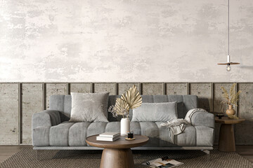 Home interior mock-up with dark sofa, wooden table and decor in concrete living room