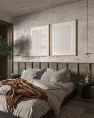 Poster frame mockup in bright bedroom interior background 