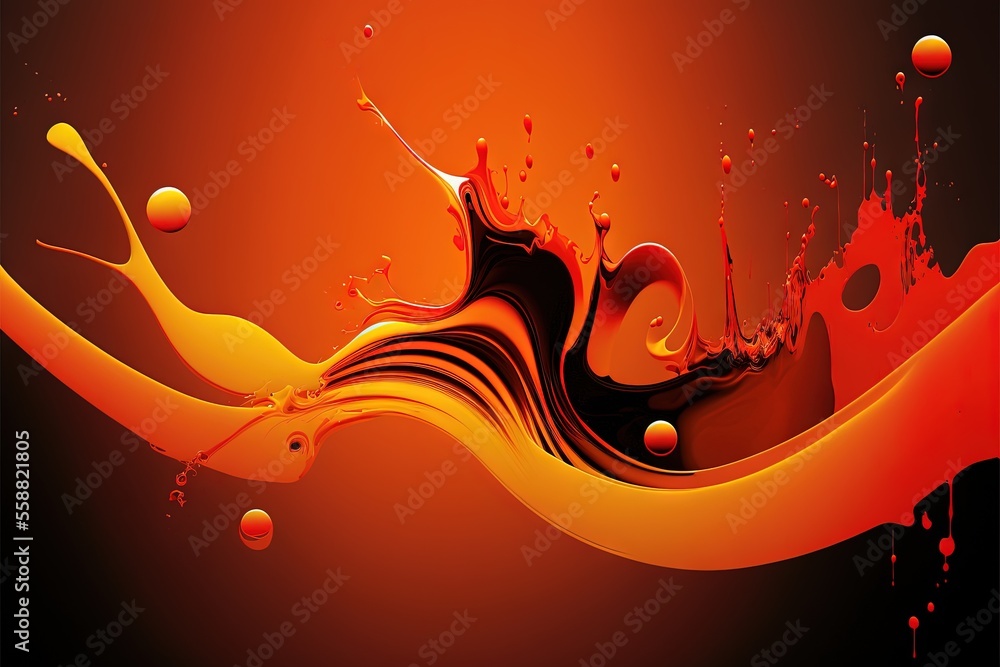 Poster a liquid swirl with orange and red colors on a black background with bubbles and drops of liquid on 