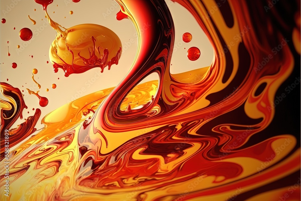 Poster a painting of a liquid swirl with a yellow ball in the middle of it and a red ball in the middle of 