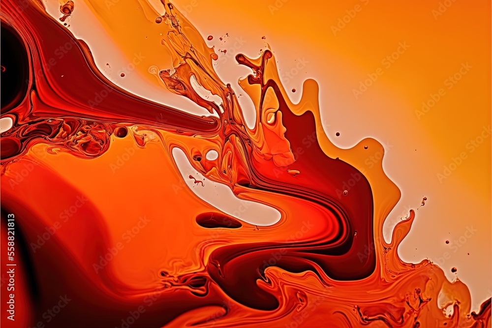 Poster a close up of a liquid painting with orange and red colors on it's surface and a black background wi