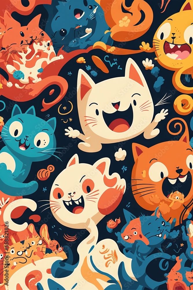 Poster a group of cats that are all together on a black background with orange, blue, and red colors and fa