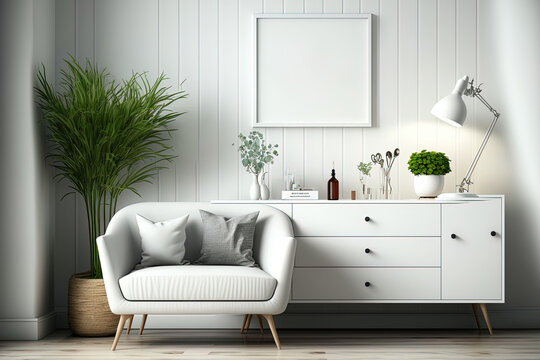 White interior with a dresser, a couch, and accessories. mock up of an illustration's background. Generative AI © 2ragon