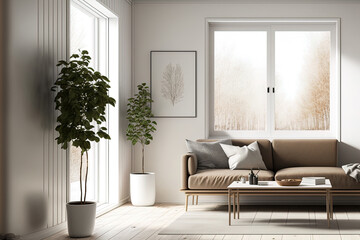 Interior of a brown minimalist living room with a sofa on a wooden floor, decorations on a big wall, and a white scene outside the window. Nordic interior design. Generative AI