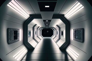 Interior hallway of a futuristic space station or spacecraft. Concept for science fiction. Generative AI
