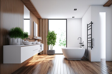 Front view of a wooden bathroom with a white bathtub and shower. Modern hardwood parquet bathroom with a minimalistic design, no people. Generative AI