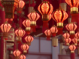 Fototapeta na wymiar Beautiful red glowing Chinese lanterns in the town done with Generative AI