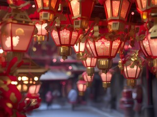 Fototapeta na wymiar Beautiful red glowing Chinese lanterns in the town done with Generative AI
