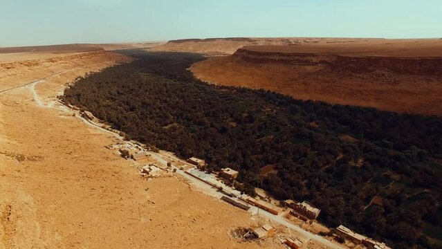 Flying over a beautiful Ziz valley landscape with palm trees Oasis in Morocco.